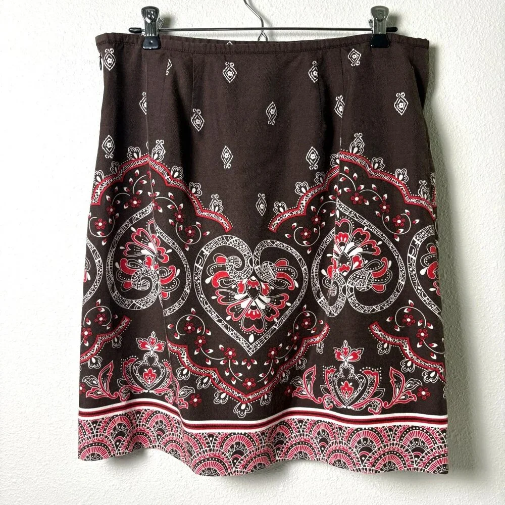 Ann Taylor Loft‎ A Line Skirt Size 10 Brown Red Bandana Print Lined Silk Blend